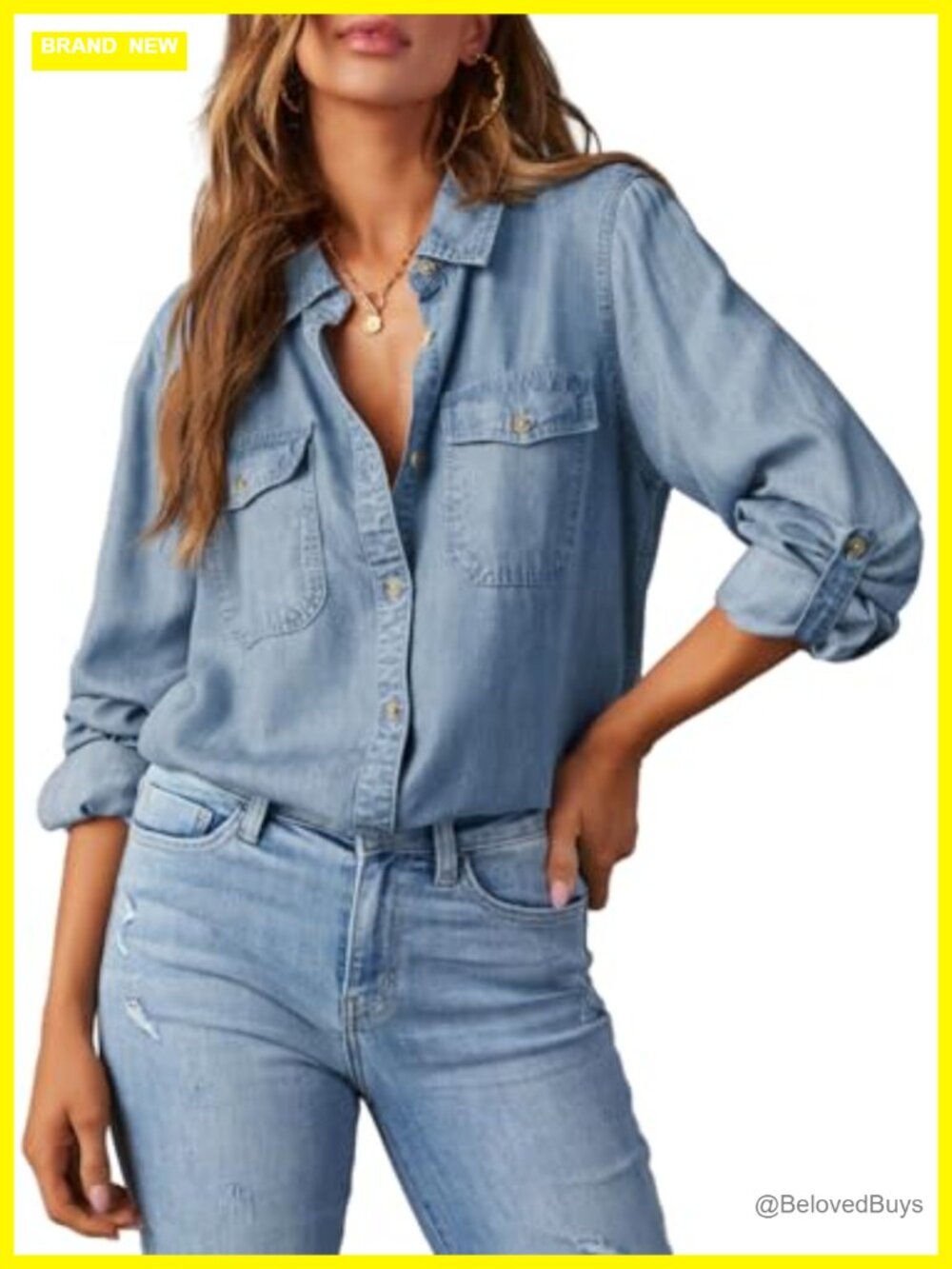 Denim Button Down Shirt Long Sleeve Chambray Blouse Tunic Top